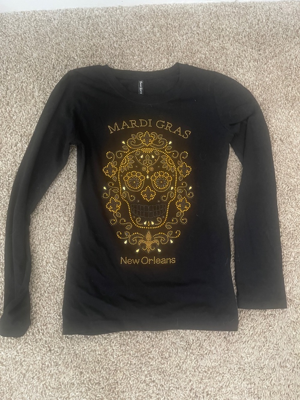 Woman’s Mardi Gras New Orleans Black Long Sleeve Top with Gold Rhinestone Skull